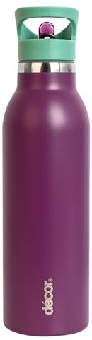 Décor Snap n Seal 600ml Stainless Steel Water Bottle with Straw, BPA Free Leakproof Metal Flask with Carry Handle for School, Travel, Work & Gym - Ideal Drinking Bottle for Kids & Adults - Dark Purple