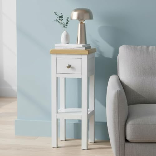 GROF GROFurniture Small Side Table with Drawer Painted White Small Console Table for Living Room or Hallway - Ready Assembled Telephone Table Small with Oak Top