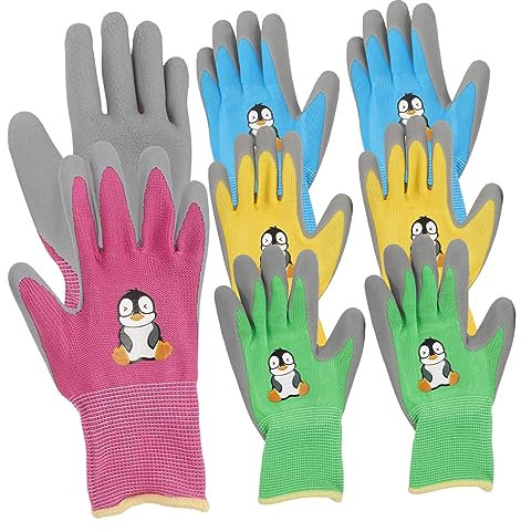 BCOATH Guantes de Protección Infantiles para Jardinería y Trabajo al Aire Libre, Talla 3xs, Colores Amarillo, Rosa y Azul, Resistentes al Desgaste y Desgarro, Transpirables y Lavables,