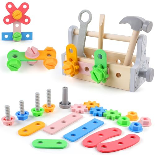 Werkzeugkoffer Kinder ab 3 Jahre, Holzspielzeug Koffer Jungen, Holzwerkzeug Kinderspielzeug, Lernspiele Kinderwerkzeug Farbige, Werkzeugkasten Spielzeug Kinder 2 3 4 Jahre