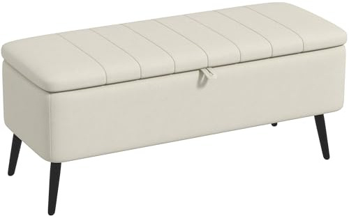 HOMCOM Storage Ottoman with Flip Top, Rectangular Upholstered Bench, Linen Look Fabric Footstool with Steel Legs for Living Room, Bedroom, Cream White