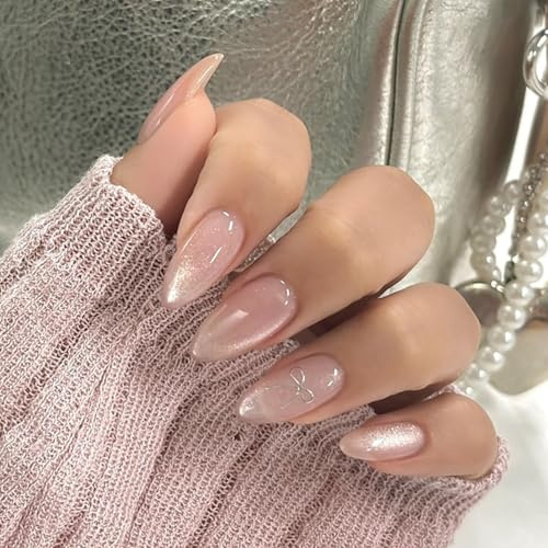 24 Stück Nägel zum Aufkleben Mandel, French Tip Press on Nails Rosa Katzenauge Künstliche Nägel, Fingernägel zum Aufkleben mit 3D Bow, Acryl Full Cover Falsche Nägel für Frauen und Mädchen Nail Art