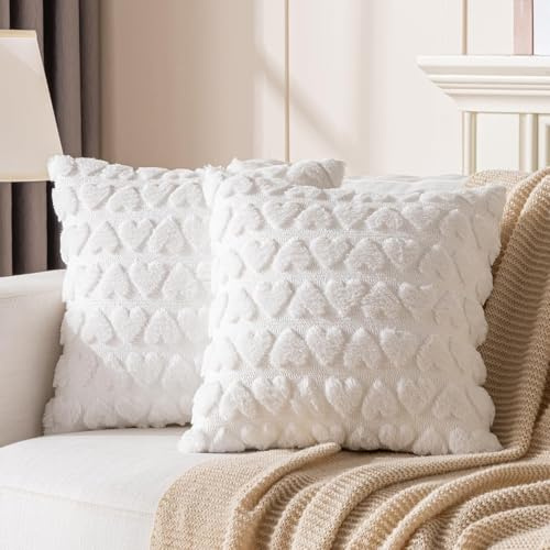 Valentinstag Deko Herz Kissenbezug 2er Set, Romantische Kissenbezüge 45x45 cm Valentinstag, Plüsch Herz Deko Kissenhülle, Valentinstag Aesthetic Zimmer Deko Zierkissenbezüge für Geschenke (Weiß)
