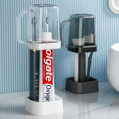 Organizador de baño con soporte para cepillo y pasta de dientes de material PP, con vaso para enjuague bucal de material PS (Blanco)