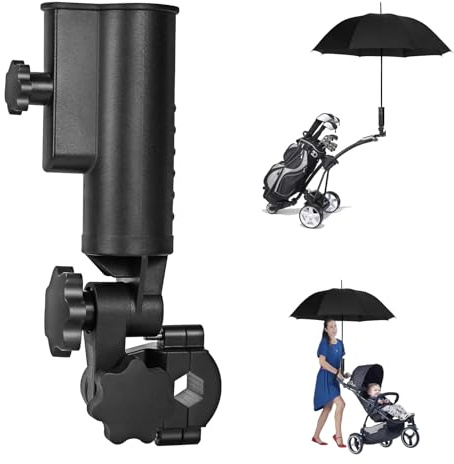 CHENGWEI Heavy Duty Golf Push Cart Umbrella Holder, 180° Adjustable Aluminium Alloy Base Strong Windproof, Universal Umbrella Attachment Stand for Stroller, Golf Cart, Wheelchair, Bike, Beach Chair