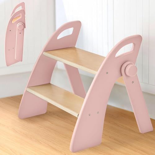Reeple Wooden 2 Step Stool for Toddlers, Foldable 2-Step with Non-Slip Pads and Handles, Bamboo Step Stool for Kids Bathroom Sink and Potty Training, Kitchen Helper, Nursery Bedroom (Pink)