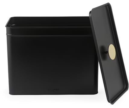 Salter Alchemy Bread Bin, Large, with Lid, 33 X 18 X 25.5 Cm | Powder-Coated Carbon Steel, Matte Black Finish, Black/Gold Handles, Countertop Storage For Bread, Bagels, Pastries