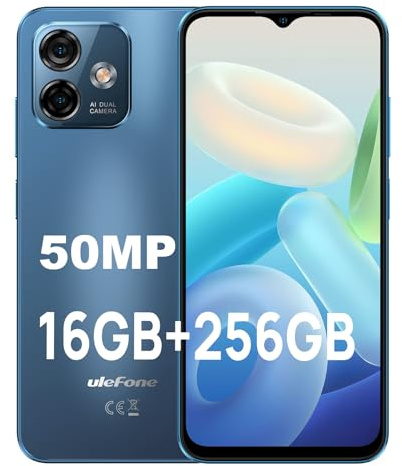 Ulefone Note 16 Pro Téléphone Portable 16Go+256Go/TF-256Go, Caméra 50MP, Écran 6.52 HD+, Octa-Core, Android 13 Smartphone Pas Cher Dual SIM 4G, Face ID/Fingerprint/GPS/OTG/2Ans Garantie-Bleu