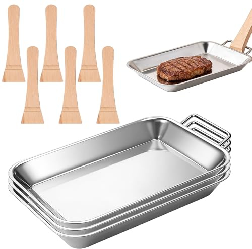 Demlaka Uppsättning av 3 BBQ grillskålar: rostfritt stål grillpannor med 6 skrapor, 20 x 18 x 2 cm grillskålar återanvändbara, grillkorg grönsakskorg, grilltillbehör för grönsaker, fisk eller kött