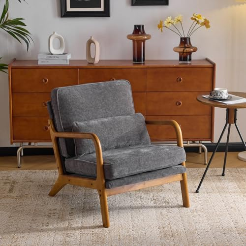 Bonnlo Accent Chair, Soild Wood Lounge Armchairs, Chenille, Dark Grey
