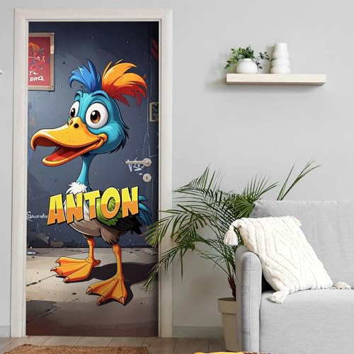 Türtapete selbstklebend | personalisiert mit Namen | 200 x 90 cm Comic Ente Cartoon | Tür Aufkleber Poster Türfolie | Einteilig | Wasserfest 3D Türaufkleber Wandtattoo Türposter Teenager