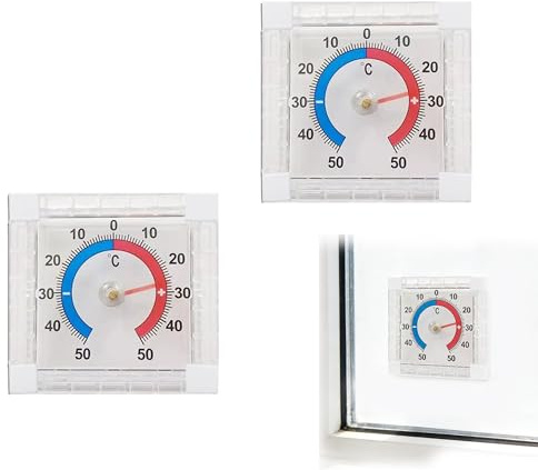 Pack de 2 termómetros de ventana para exteriores, autoadhesivos, analógicos, resistentes a la intemperie, medición precisa de hasta -50 °C hasta +50 °C, para interior y exterior, jardín, frigorífico