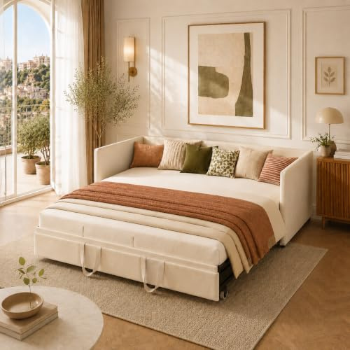 Divano letto allungabile 90/180 x 200 cm, letto da giorno imbottito con rete a doghe, letto multifunzione, per soggiorno, camera da letto, senza materasso, beige
