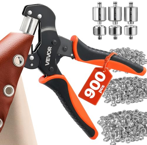 VEVOR Alicates de Ojales 6 mm 8 mm 10 mm con 900 Piezas de Ojetes de Metal | Remachadora para Ojales, Cabezal Magnético de Reemplazo Rápido, Kit de Herramientas de Bricolaje para Tejidos Cinturones