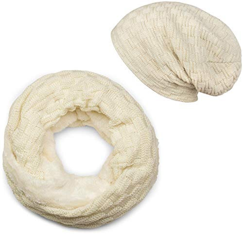 styleBREAKER Stickad loop halsduk och beanie mössa set med flätmönster, fleece foder, vinter, unisex 01018211, Krämbeige, En Storlek