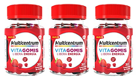 Multicentrum Vitagomis Libera Energía Complemento Alimenticio en Gominola, Sin Gluten, Multivitamínico Para Adultos, Pack de 3x30 Gominolas