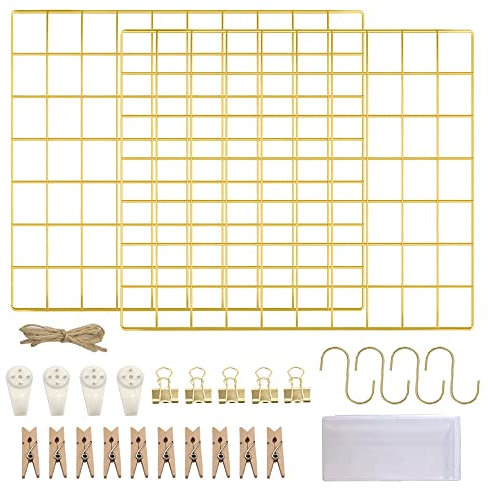LOYONAL Gold Grid Panel Display - Copper Wire Notice Board - 2 Pack Photo Memo Board, Metal Mesh Grid Wall Rack