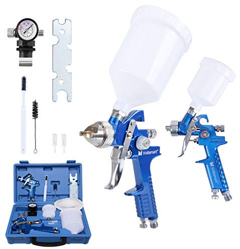 Voilamart 2 Set HVLP Gravity Feed Spray Gun Set with 600CC 125CC Cup Paint Sprayer Airbrush Painting Tool Kit with Copper Nozzle 1.4MM 0.8MM