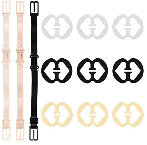 Bra Strap Clips Set Ladies Elastic Adjustable Bra Strap Black Transparent Skin Color 3 Pieces Bra Straps 9 Pieces Bra Clips Bra Strap Holder for Women’s Undergarment Non-slip Elastic Bra Strap