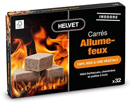 Helvet 32 Accensioni Fuoco Naturale per Camino e Stufetta a Cubo - Brucia 7 Minuti - Prodotto ecologico 100% Legno & Cera Vegetale, Normale, (LDFC32)
