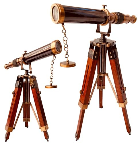 Telescopio decorativo de latón de 9 pulgadas con soporte de trípode de madera, vintage, Royal Spyglass para el hogar y la oficina, decoración de mesa, regalo rústico