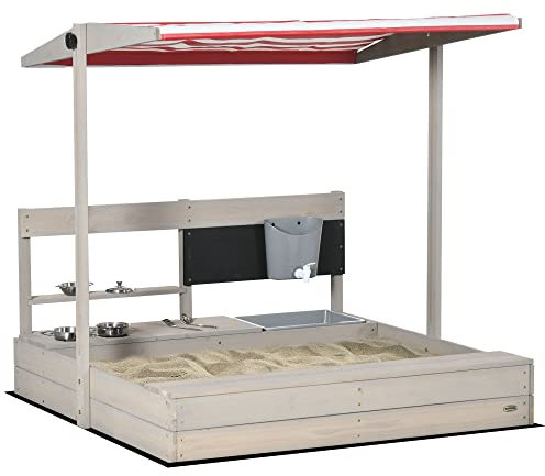 Outsunny Sand Pit Kids Sandbox with Height Adjustable Canopy, Wooden Sandpit with Kitchen Toys, Faucet, Seat, Storage, Bottom Liner for 3-7 Years Old Outdoor