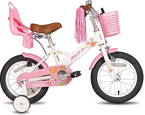 JOYSTAR 16-tums barncykel för flickor på 4–7 år, med stabilisatorer, flickcykel med korg, band och docksäte, vit