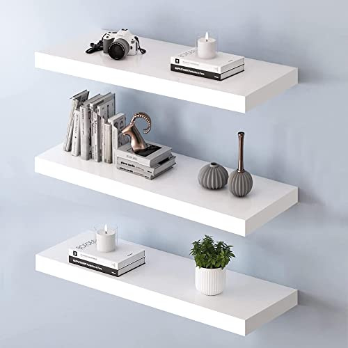 Tiasott Wandmontierte schwebende Regale, 3er-Set, weißes Wandregal, Massivholz-Wandregale, 3er-Pack, unsichtbares Aufbewahrungsregal für Wand, Showpiece, Trophäen und mehr., ST-DE-01