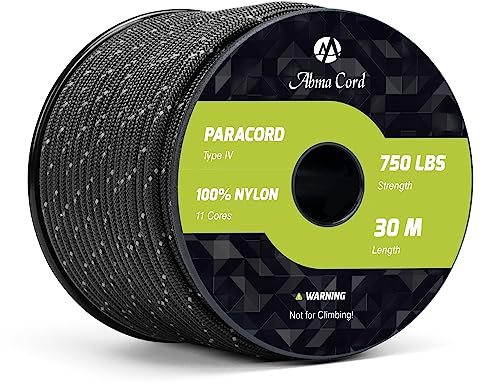 Abma Cord Paracord 750lb 4mm 30M 100% Nylon Seil 11 Kern Typ IV Schnur für Basteln, Camping, Survival, Outdoor - Max. 340kg - Reflektierend Schwarz