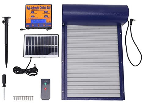 Automatisk Hönsgårdsdörr, Elektrisk Dörröppnare för Automatisk Hönsgård, Sol-/batteridriven Automatisk Hönsdörr med LCD-skärm, Ljusavkänning/timer/fjärrkontroll (Blå)