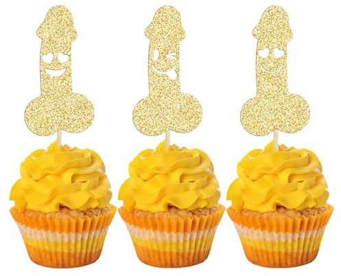 24Pcs Bachelorette Party Cupcake Toppers Gold Glitter Bachelor Party Cake Toppers for Wedding Engagement Bridal Shower Bachelorette Party Hen Funny Birthday Party Cake Decorations