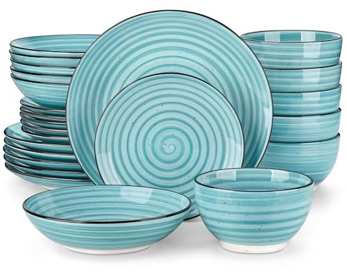 vancasso Candy 24 Piece Dinnerware Set, Double Sided Hand Painted Stoneware Dinner Set for 6 with 6 Dinner Plates, 6 Dessert Plates, 6 Soup Plates and 6 Bowl