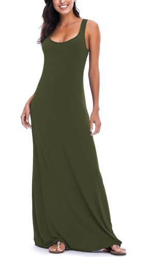 Mujeres Verano Informal Playa Sin Mangas Maxi Vestido Sólido Chaleco Largo Vestido (L, Verde Oliva)