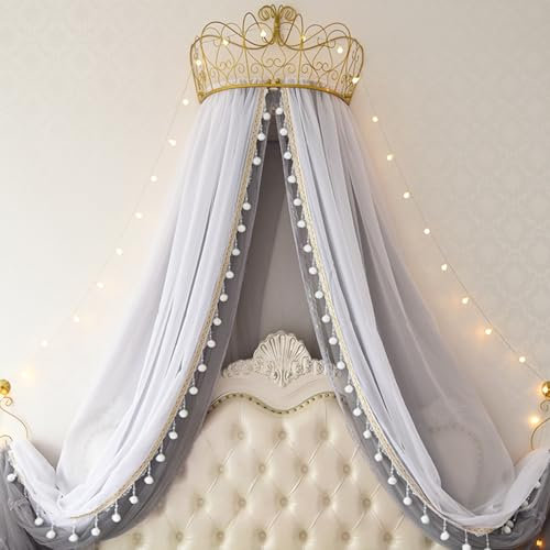 Prinzessinnen-Bettvorhang, Moskitonetz mit Spitzenbett, Metallkrone, Baldachin – dekorativer Vorhang, Spielzelt und Leseecke für Schlafzimmer-Dekorationen