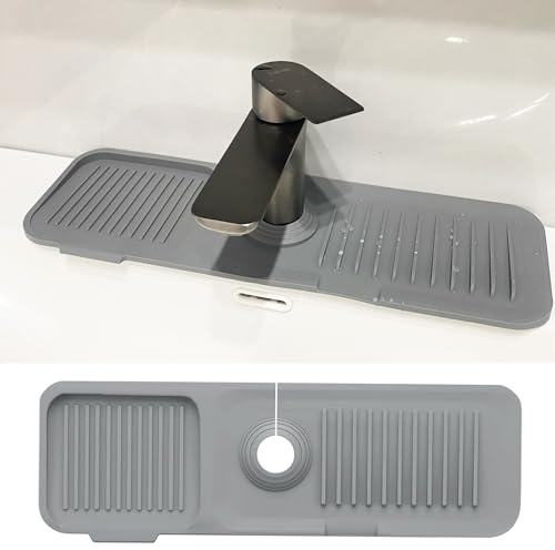 CHIVOLONA Kitchen Sink Splash Guard,Silicone Faucet Handle Drip Catcher Tray,Grey Faucet Mat for Kitchen Sink,Fit Kitchen or Bathroom Sink,5°Slope,17.5” * 5.5”