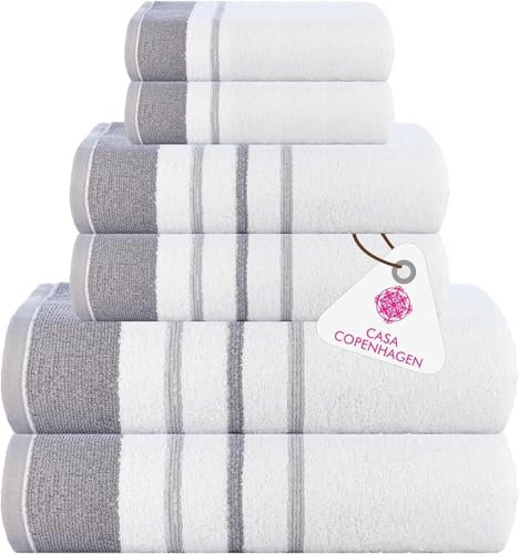 CASA COPENHAGEN White Bay 6 Pieces Towel Set- White with Dark Grey and Light Grey Border, 600 GSM, 2Bath, 2Hand, 2Washcloths Egyptian Cotton Towel for Hotel Spa Kitchen Bathroom Kitchen & Shower