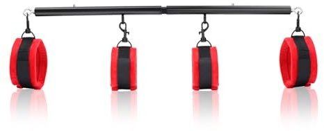Black Adjustable Exercise Stainless Steel Spreader Bar with 4pcs Furry Red Adjustable Straps, Yoga Training Fitness Gear, Workout Bar,Sports Gym Kit (Black+Red Furry Kit)