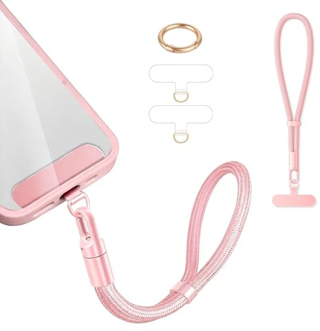 Handykette Handyanhänger Handyband Handy kette Lanyard Verstellbarer Handgelenkband mit 3 Patch Universal für alle Handytaschen iPhone 16 Pro Max Anhänger für Schlüsselbund USB-Stick Geldbörse Rosa