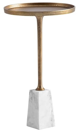 FineBuy Beistelltisch Rund 34x34x58 cm Metall Weiß mit Marmorsockel | Anstelltisch mit Sockel aus echtem Marmor, kleiner Abstelltisch handgefertigt, Wohnzimmertisch, Dekotisch