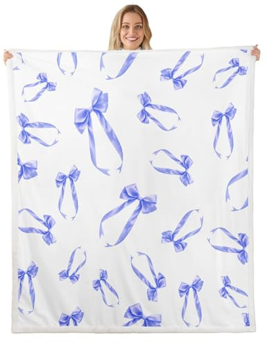 Loussiesd Kawaii - Manta de forro polar con lazo, cobija Sherpa de felpa mullida para niños, niñas, adolescentes, decoración de habitación, azul, encantadora, doble, 60 x 79 pulgadas, transpirable
