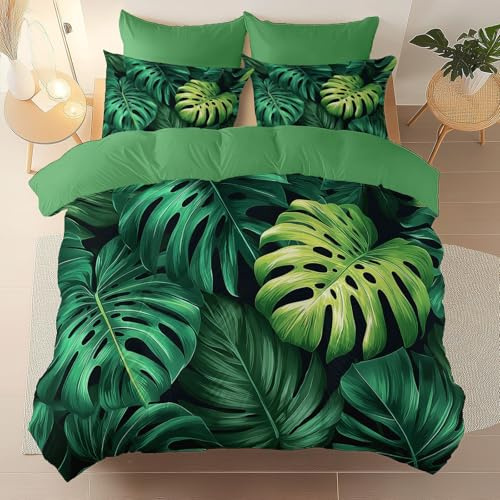 Easy Care Duvet Cover 135 x 200 cm, Jungle Tropical Monstera Printed duvet cover, Breathable and comfortable, fashionable and atmospheric Bedding, Suitable for adults and children, Green