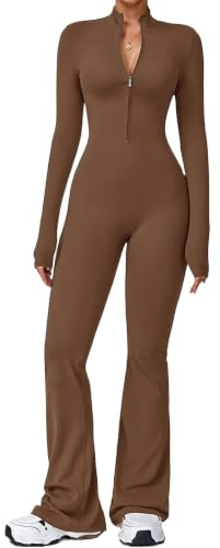Ecupper Mono de Mujer con Mangas Largas, Abertura en la Parte Inferior, cremallera,Enterizo, Bodysuit Completo, Unitardo de Yoga, Piernas Amplias y Sexy