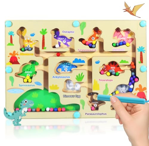 Laberinto Magnético de Perlas de Dinosaurio en Madera Encerada – Juguete Educativo para Niños a Partir de 3 Años con Función de Conteo y Desarrollo Motor (22,7 x 15,5 cm)