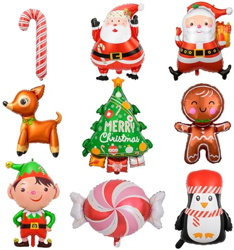 Folienballon Weihnachten, 9 Stück Weihnachtsluftballons, Premium Weihnachtsdeko für Tisch und Raum, Ideal für Weihnachtsparty Deko und Familienfeiern