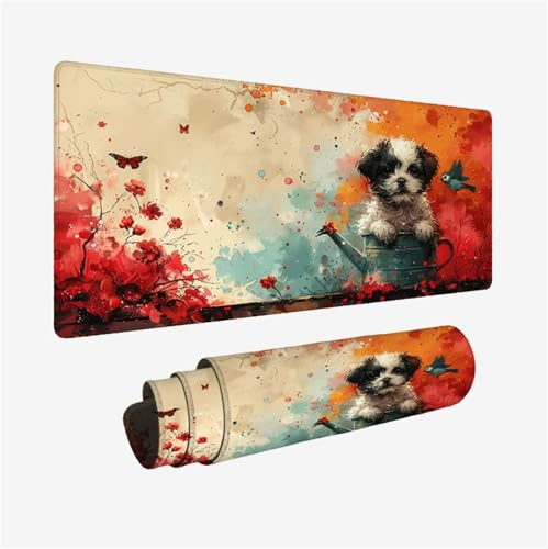 Gaming Mouse Pad 90x50cm Large Mouse Mat Red Desk Mat, Mousepad Dog Mousemat with Stitched Edges, Gaming Mats with Water Resist Surface, Improved Precision and Speed, Desk Accessories for Men H2-808