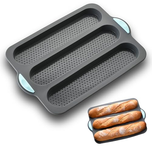 Teglia per pane in silicone, teglia per pane francese, pagnotta in silicone antiaderente resistente al calore con 3 griglie, lavabile lavastoviglie e adatta al microonde, adatta per la cottura