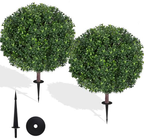 27.5 Artificial Boxwood Topiary Ball Tree, Set of 2 Fake Bushes Shrubs with Ground Spike, UV Resistant Faux Evergreen Boxwood Trees for Front Porch Planters Outdoor Garden Decor