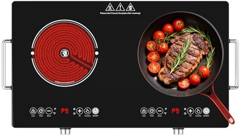 4000w Electric Cooktop 2 Burners, 23'' Electric Stove Top 110v with Plug in, GTKZW Knob Control Countertop & Built-in Ceramic Cooktop, 9 Power Levels, Child Lock, Timer, Over-Heat Protection