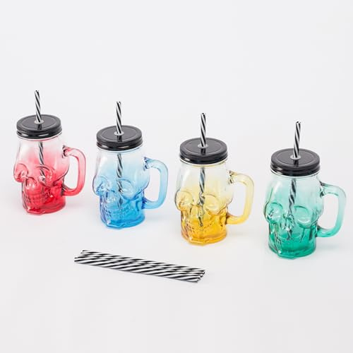 Relaxdays Bicchieri con Coperchio e Cannuccia, Set da 4, 500 ml, Teschio, Tappo a Vite, Manico