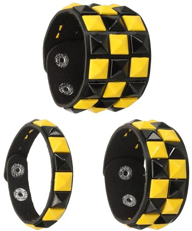 QUARKZMAN 3 Stück Leder Punk Armband 8 7/22cm Quadratische Nieten Goth Spike Nieten Armband Verstellbares Armband Manschette Armreif Für Halloween Party Emo Grunge Accessoires Schwarz Gelb